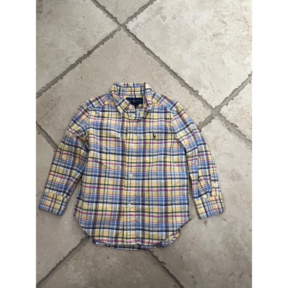Ralph Lauren boys 3T Plaid Button Down Shirt Long Sleeve Yellow Blue